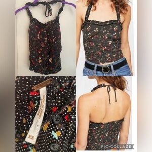NWOT Free People Black Floral Ruched Ruffle Suns Out Top